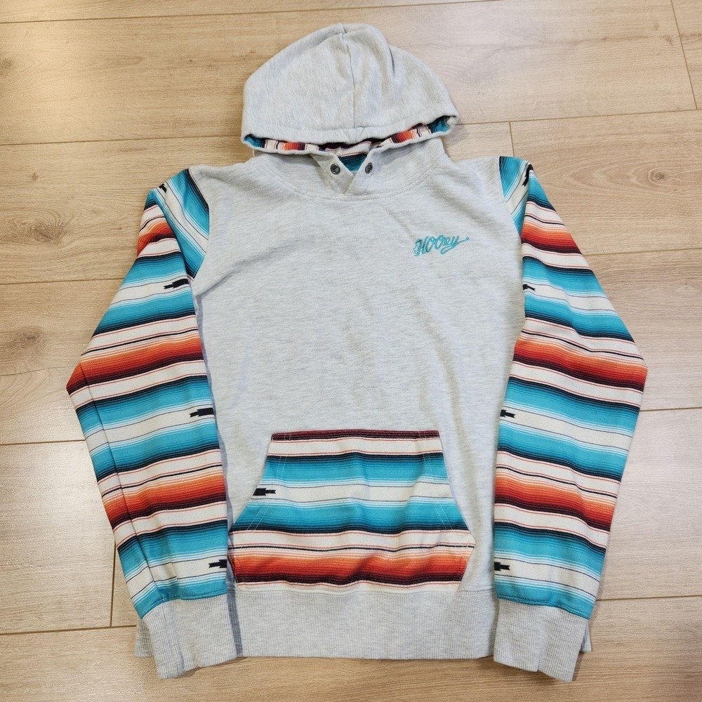 Hooey Hoodie Sweatshirt Mens Medium Gray Serape Stripe Kangaroo Pocket Fleece